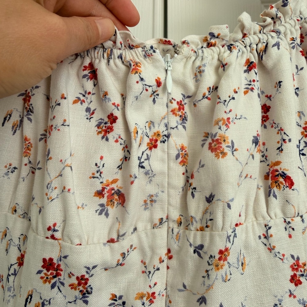 100% linen Reformation White Floral Mini Dress Robles puffed sleeves - Picture 5 of 12